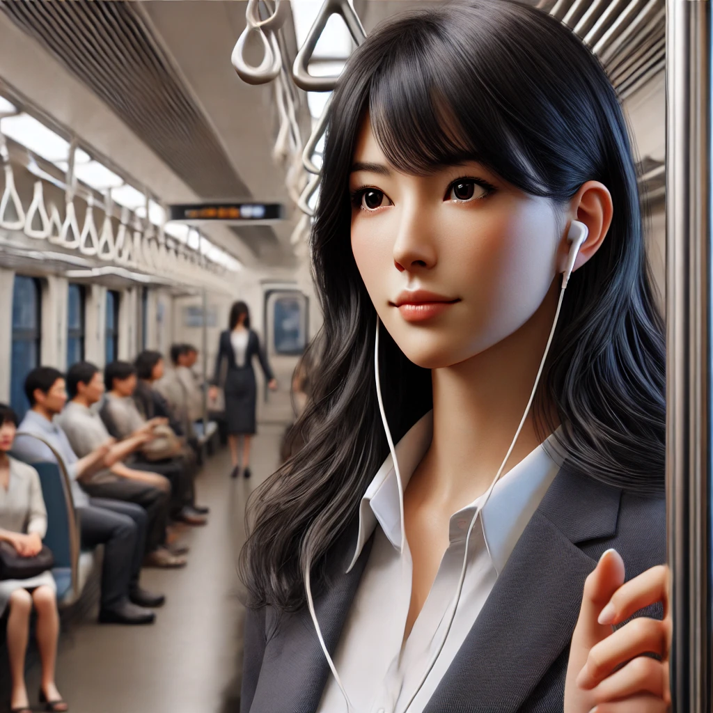 通勤電車で音楽を聴く女性イメージ画像